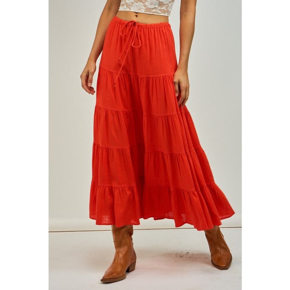 Boho Linen Blend Tiered Maxi Skirt with Drawstring Waist – Vibrant Orange-Red - Picture 2 of 7